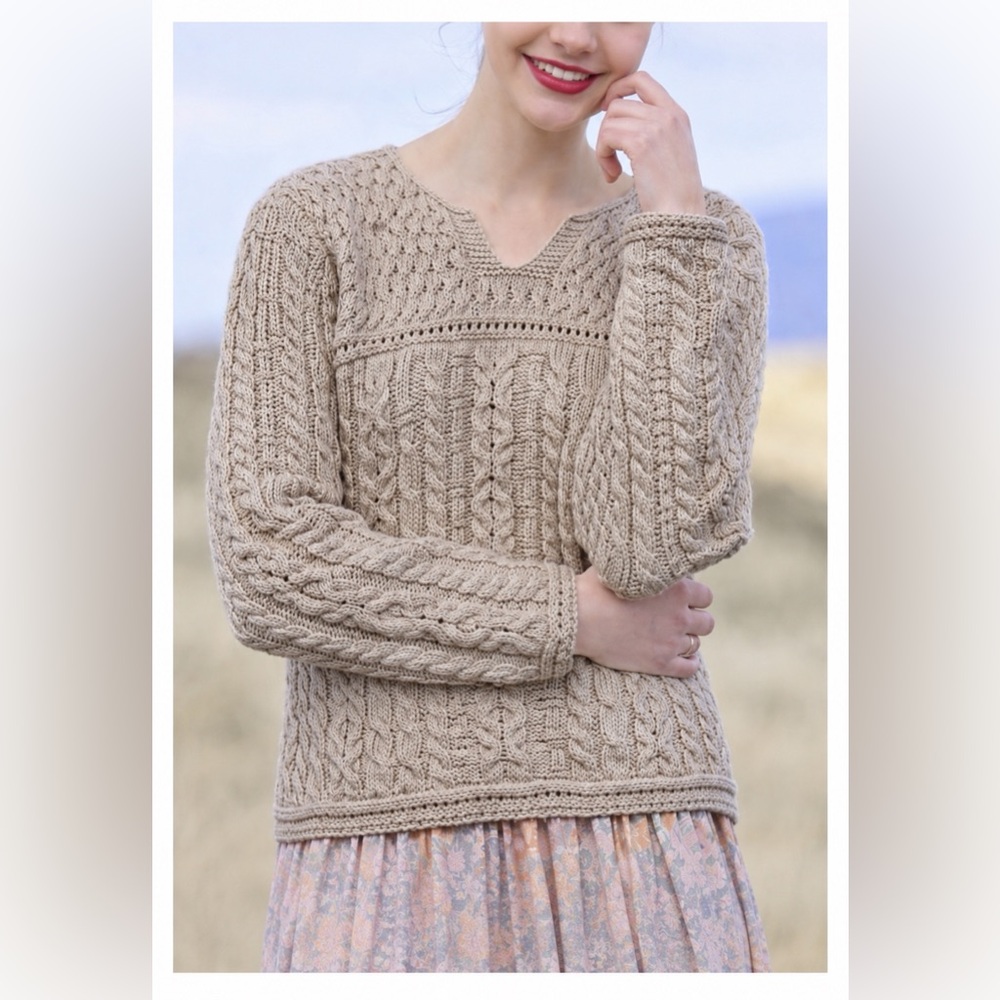 Aran Sweater Market Cable Knit Tan Beige Sweater 100% Merino Wool Women’s Small